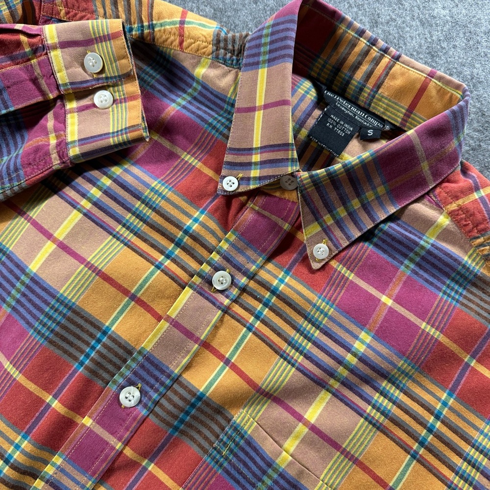 J. Peterman Co Shirt Mens S Orange Purple Plaid Button Down Cotton Long Sleeve